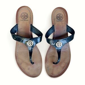 Tory Burch Cameron Black Patent Leather Sandals Thongs Flip Flops, sz 8